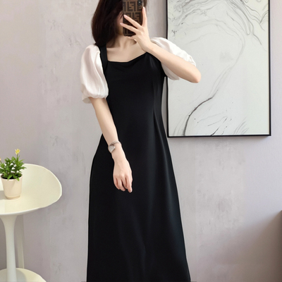 拼接黑色女装长款连衣裙2025夏新款赫本风高级感气质小黑裙1491A