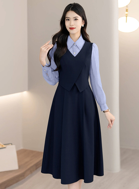 时尚气质名媛拼接假两件套装2025春新款收腰显瘦职业连衣裙女7707