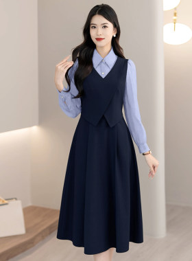 时尚气质名媛拼接假两件套装2026春新款收腰显瘦职业连衣裙女7707