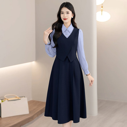 时尚气质名媛拼接假两件套装2026春新款收腰显瘦职业连衣裙女7707