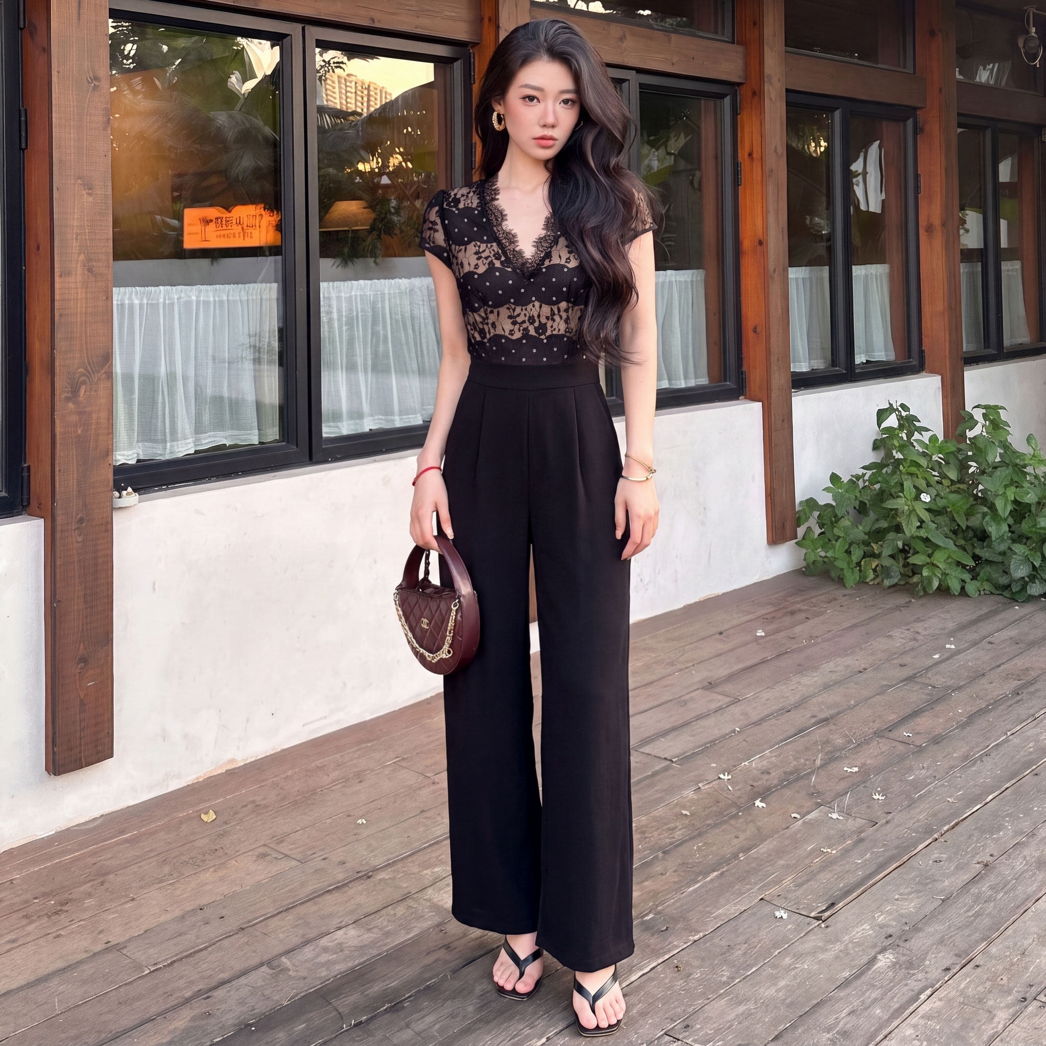 名媛风蕾丝拼接V领连体裤女夏季黑色高腰阔腿裤通勤高级感D8784