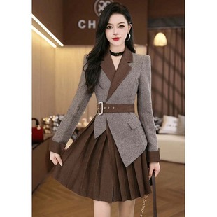 2025秋季新款有里布送腰带撞色西装领不规则长袖连衣裙JT0039