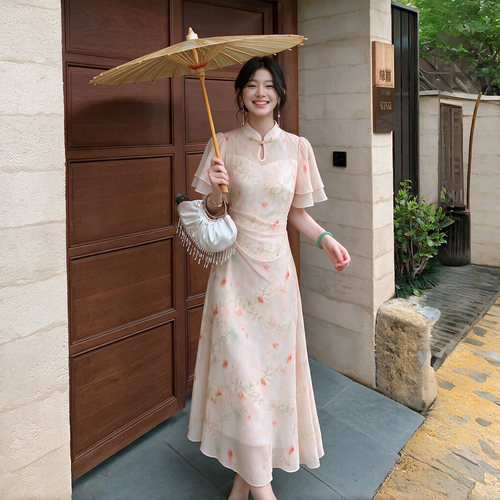 【有里布】2026夏季新款新中式改良旗袍女收腰短袖连衣裙D9567