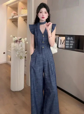 送腰带牛仔连体裤2025夏季新款时尚飞飞袖直筒阔腿长裤潮D1311
