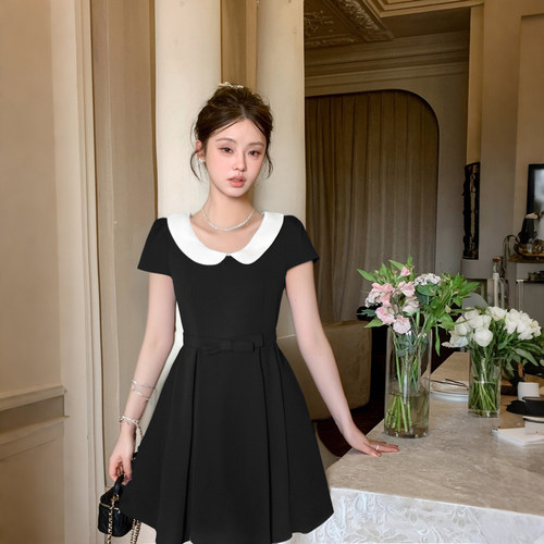 千金风娃娃领短袖收腰连衣裙蝴蝶结miu系小洋裙生日裙D3157