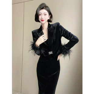 外套连衣裙套装 有里布2026春季 休闲黑色西装 韩版 两件套HY0085 新款