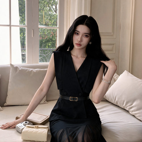 轻奢V领无袖连衣裙女2026夏季收腰显瘦气质名媛风时尚套装D8827