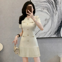 有里布法式连衣裙女夏富家千金感轻奢气质收腰设计百褶裙D1581