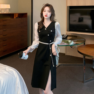 赫本风高级感收腰长袖连衣裙2026年春季新款女春轻熟风小黑裙9509