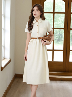 有里衬送腰带女装学院风收腰衬衫夏季2025新款polo领裙子1196