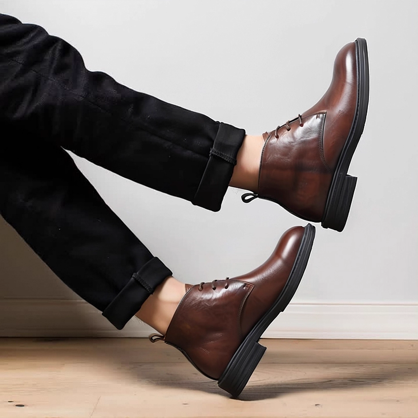 弓长梦时尚皮靴三接头马丁靴男真皮高帮复古系带款中帮靴工装靴