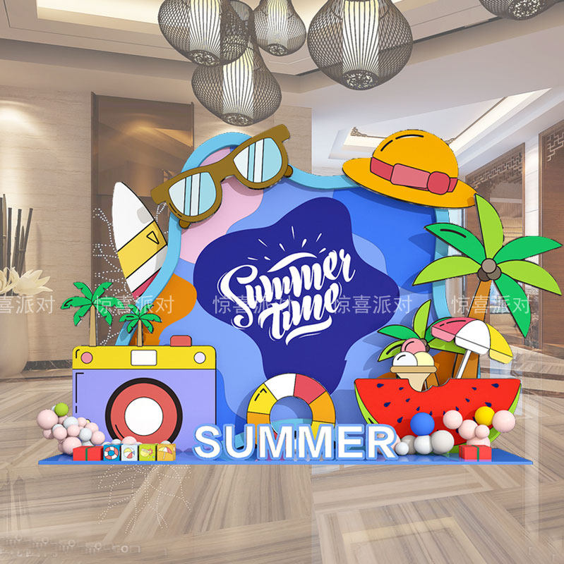 夏季沙滩冷饮旅游景区布置装饰kt板背景墙定制西瓜玩水游泳馆夏日