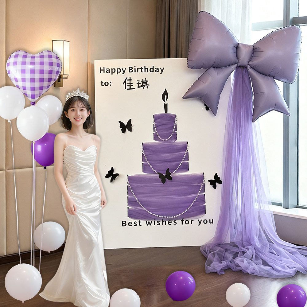 红薯同款生日场景布置装饰紫色网纱蛋糕kt板迎宾牌拍照打卡背景板