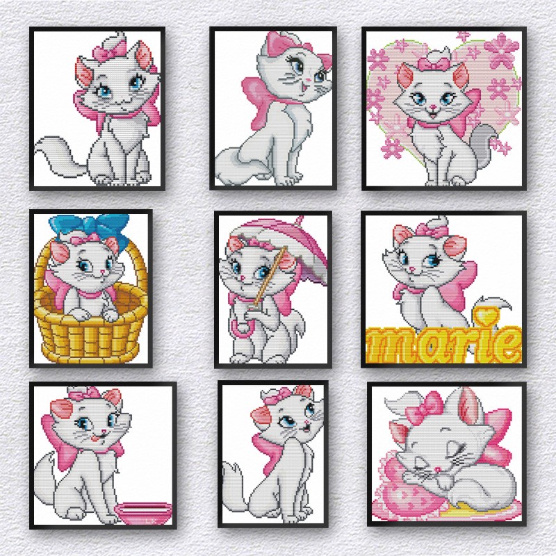 高端棉线印花十字绣粉红猫咪卡通动物儿童房线绣装饰挂画自绣刺绣图片