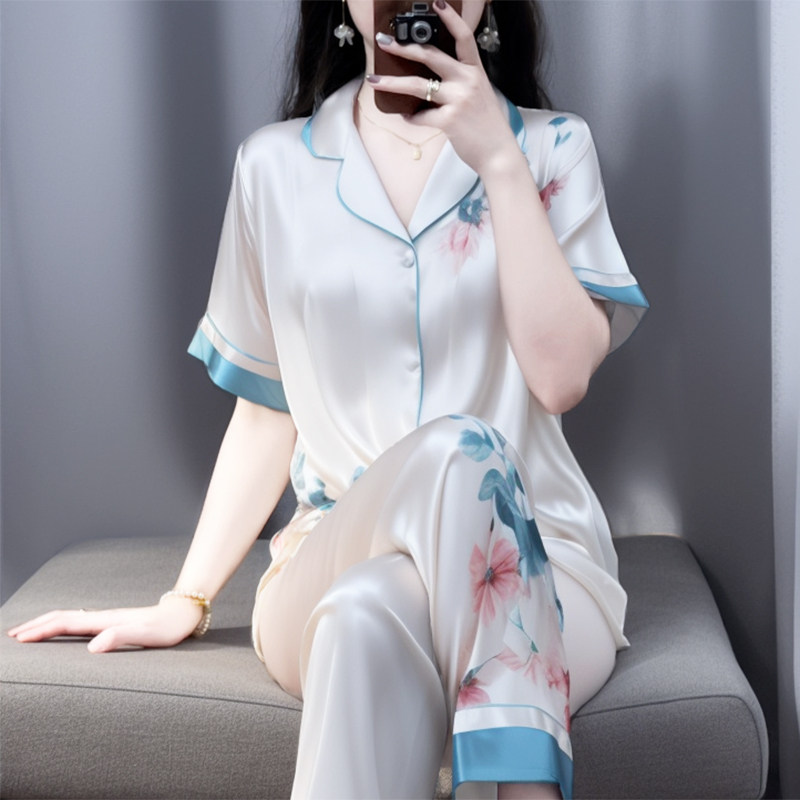 国风新中式睡衣女夏季短袖长裤薄冰丝新款家居服白色套装可外穿