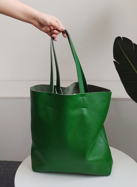 新款欧美简约风头层牛皮托特包绿色手提单肩女包白色软皮大包包女