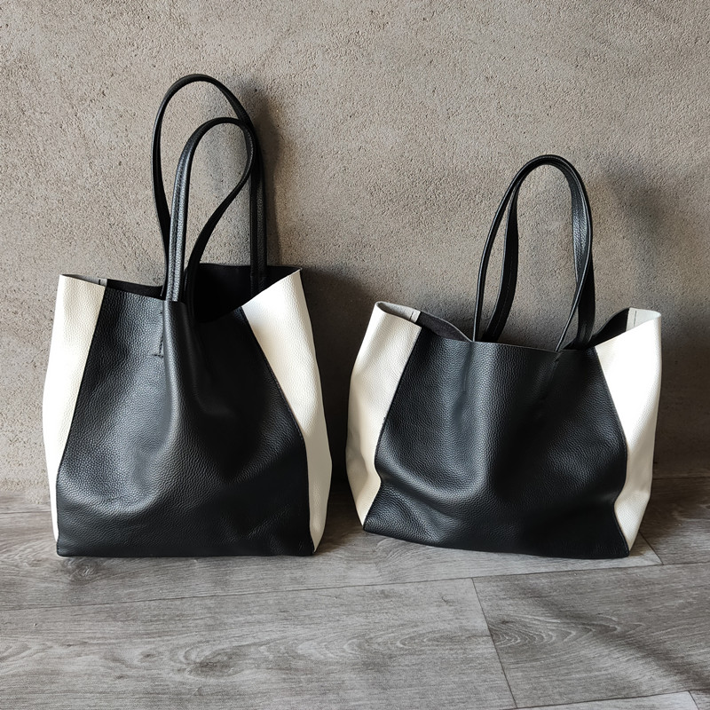 欧美新款简约潮流购物包黑白撞色拼接头层牛皮包手提单肩大容量包