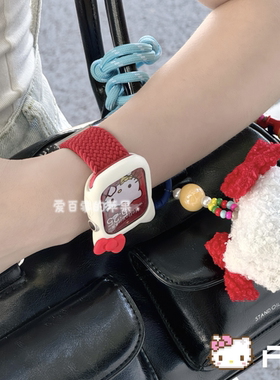 中国红色kt适用applewatchs11苹果手表iwatchs10编织表带s8女款s9