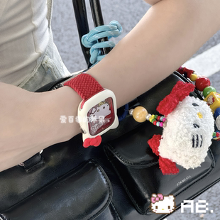 中国红色kt适用applewatchs11苹果手表iwatchs10编织表带s8女款s9