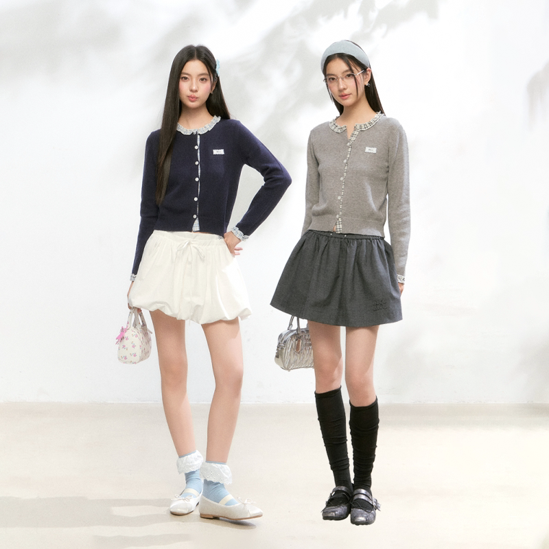 FPMZ撞色格子花边针织衫+白月光花苞裙