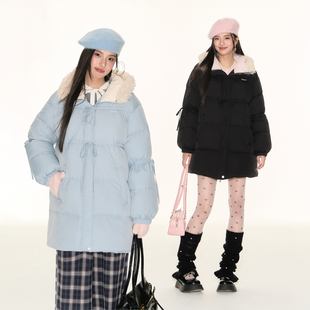 FPMZ撞色毛领连帽绑带蝴蝶结中长款90白鸭绒羽绒服面包服棉服外套