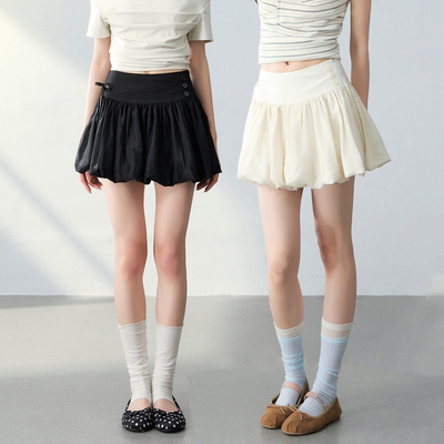 双层纱高腰花苞短裙夏米黑色