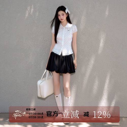 FPMZ白色波点娃娃领花边短袖衬衫夏复古修身韩系简约百搭T恤上衣