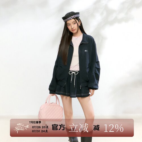 FPMZ抽褶拉链夹克撞色短裙裤套装