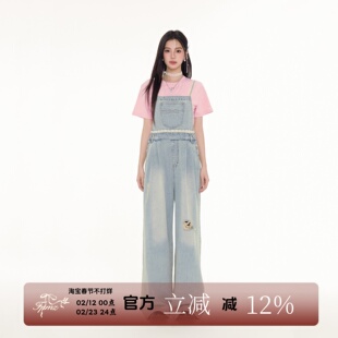 FPMZ 蕾丝双肩带蝴蝶结绣花蕾丝边腰破洞水洗牛仔背带裤直筒裤