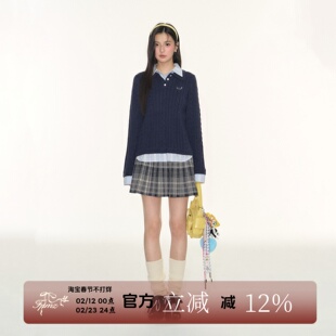 FPMZ学院风格子领衬衫假两件麻花纹套头polo毛衣针织衫长袖上衣