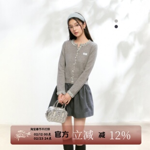 FPMZ撞色格子花边针织开衫修身毛衣外套长袖上衣显瘦百搭秋季新款