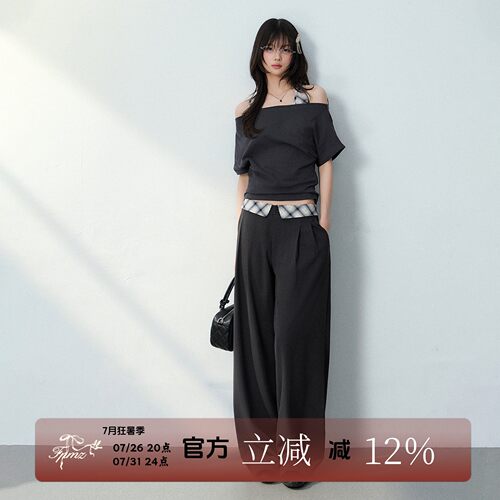 FPMZ格纹挂脖一字肩T恤西装长裤