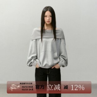 FPMZ【呼吸的决定】一字肩连帽宽松套头灰色长袖卫衣斜肩露肩上衣