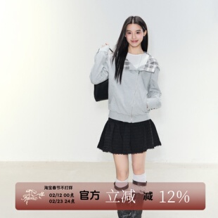 FPMZ【蝉鸣唤夏】撞色格子连帽翻领灰色卫衣开衫外套简约韩系上衣