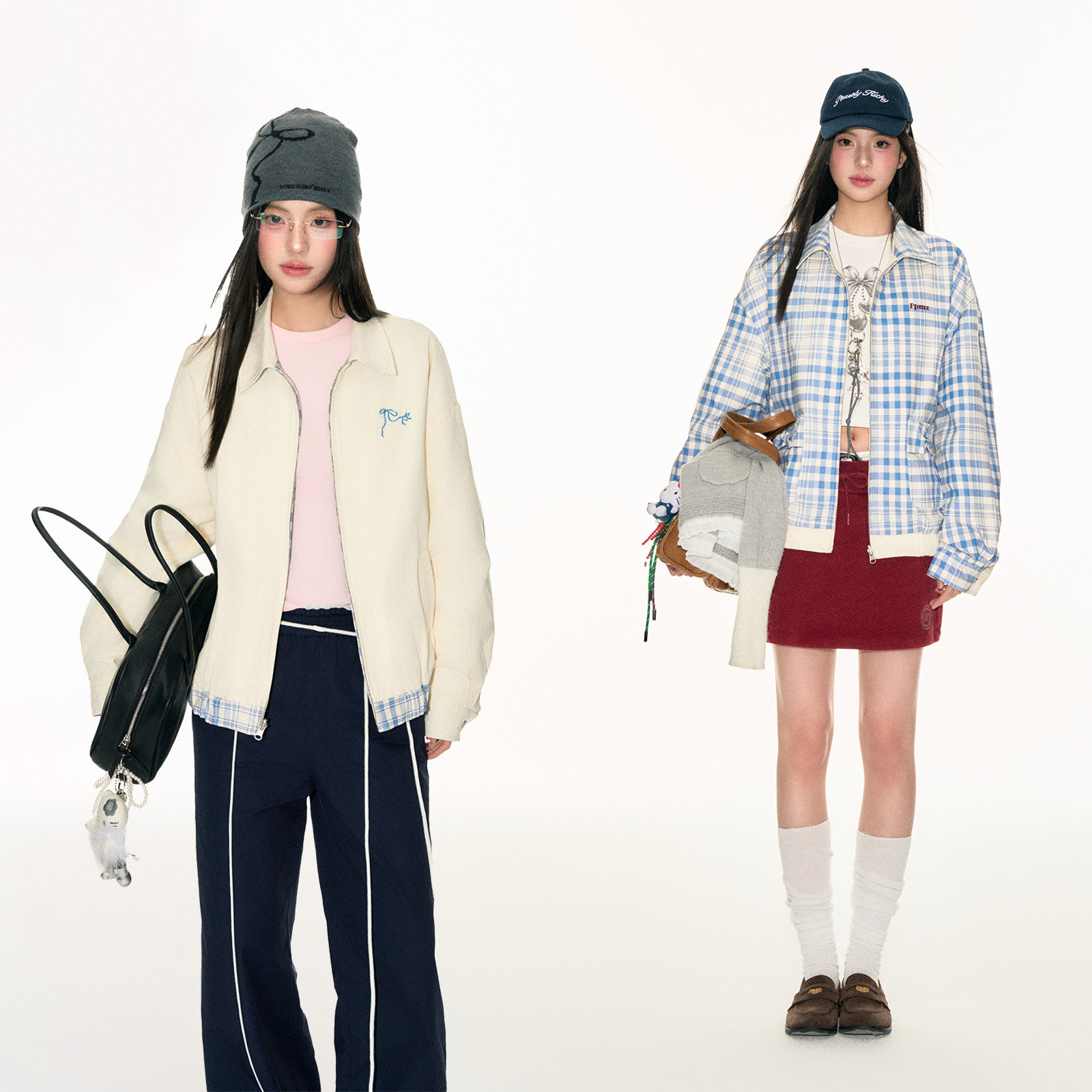 FPMZ双面穿蓝格子工装夹克外套蝴蝶结口袋学院风长袖上衣百搭宽松