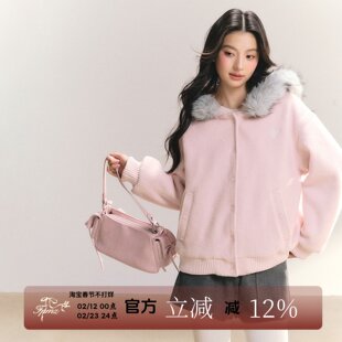 FPMZ联名ANDN【粉桃倾呢】连帽大毛领夹棉毛呢子外套冬女棒球服