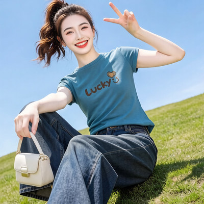 海蓝色显白短袖t恤女夏季