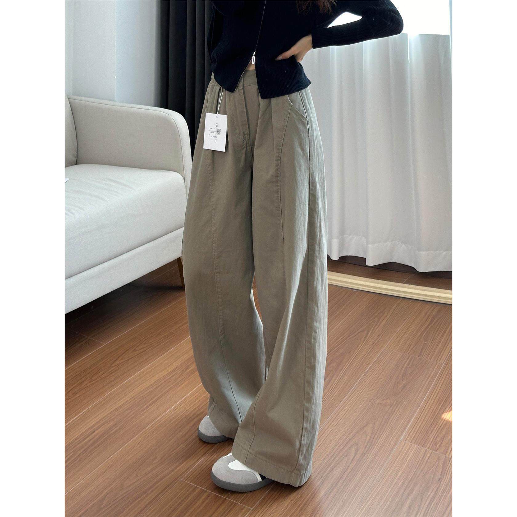 卡其色美式直筒弯刀裤子女大码秋季胖mm显瘦小个子阔腿休闲工装裤
