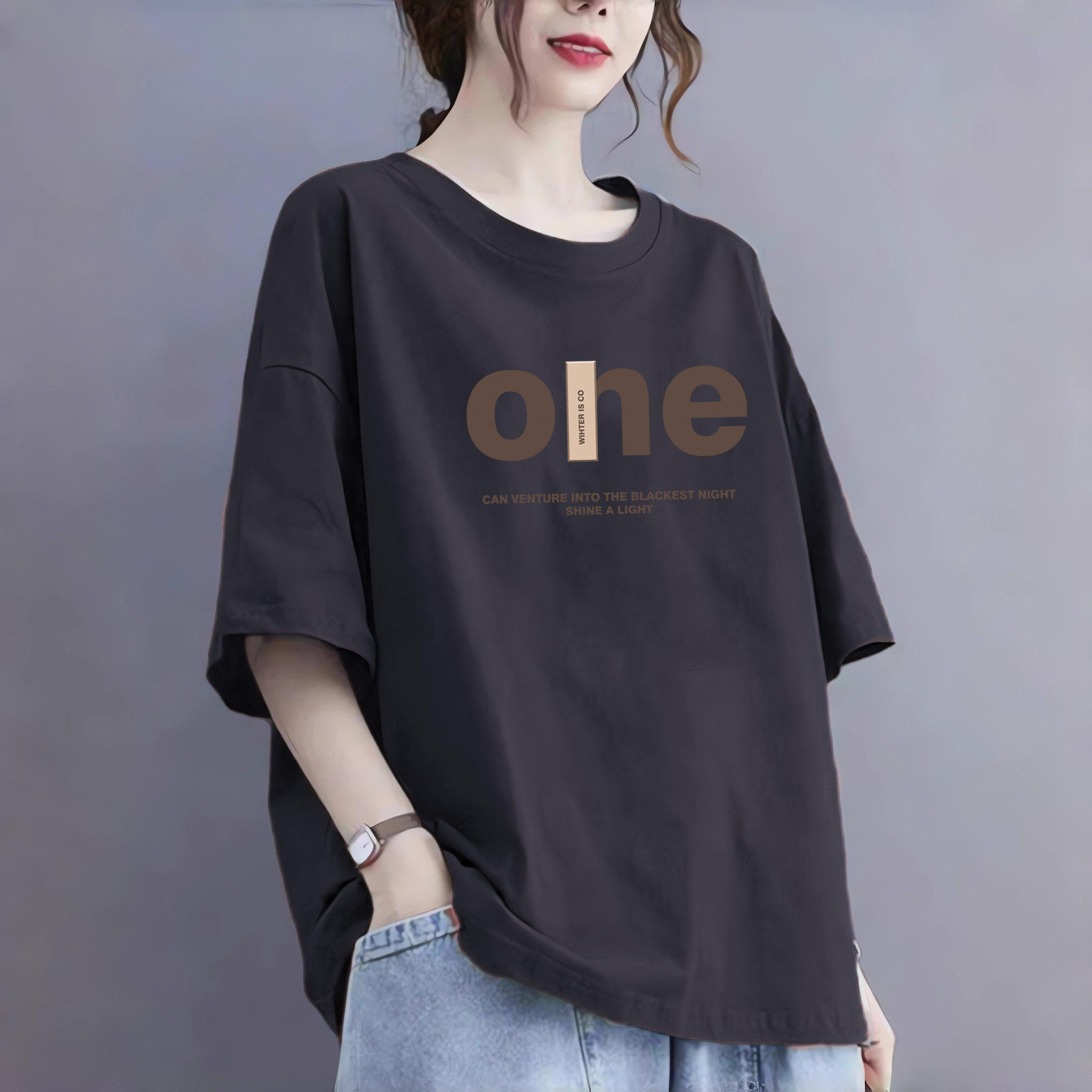 欧货大版纯棉女士短袖T恤女夏2026新款宽松百搭中长版T恤上衣潮