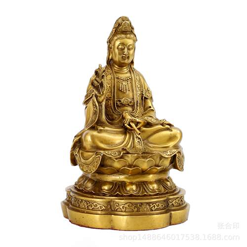 纯铜观音菩萨摆件大小号手拿柳枝观世音坐姿佛像家居金属工艺品