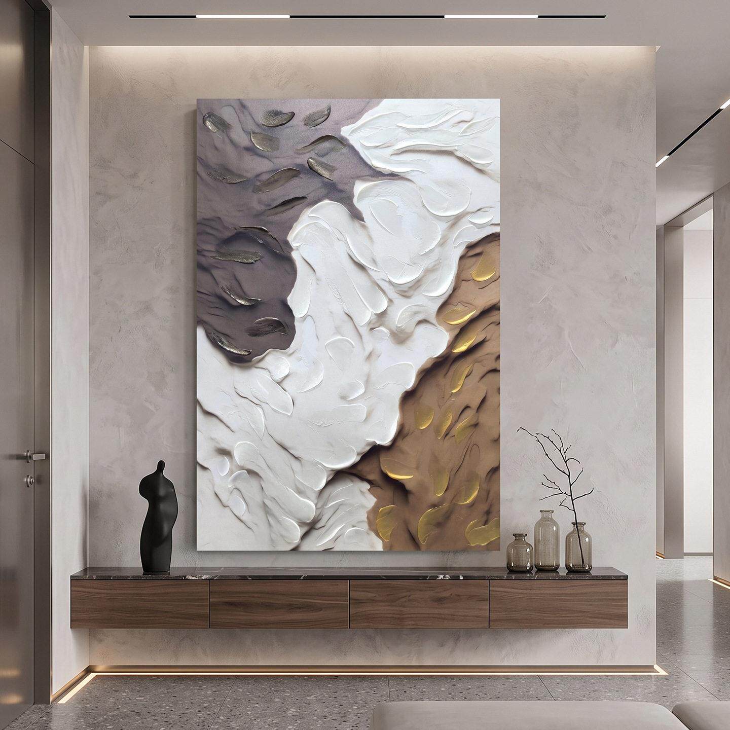 现灰棕金立体抽象油画竖版玄关入户厚肌理轻奢落地装饰画挂画