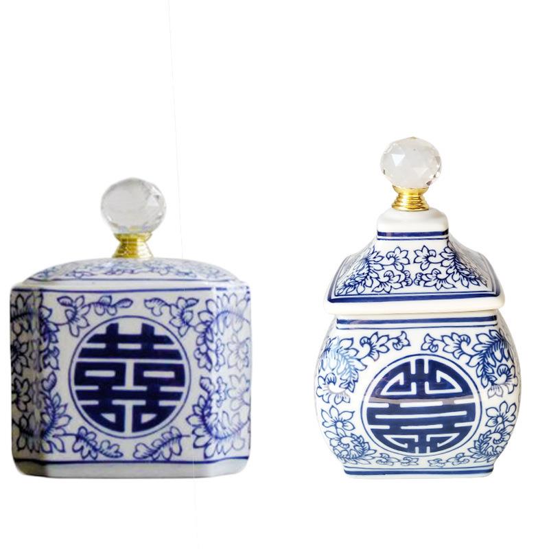 陶瓷青花瓷喜字青花储物罐糖果罐家居装饰花瓶小摆件样板间