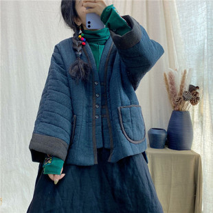 冬季新款麻料加厚外套做旧水洗撞色包边棉衣女民族风文艺V领棉服
