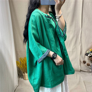 夏季新款大码文艺复古套头蝙蝠袖圆领亚麻衬衫女宽松休闲棉麻上衣