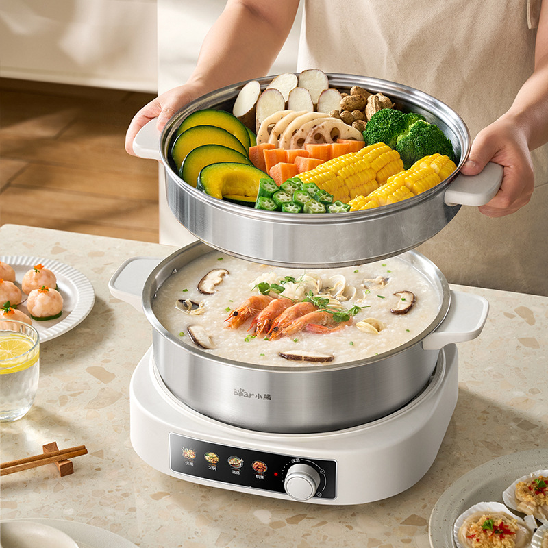 小熊不锈钢电火锅DHG-H40S1家用电锅分体式0涂层电热锅无涂层蒸煮