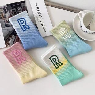 袜子女渐变条纹网红款 长袜ins潮流堆堆袜 R字母中筒袜女士春秋冬季