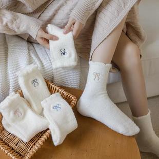 袜子女中筒袜秋冬季 加绒加厚保暖冬天居家月子袜刺绣蝴蝶结日系