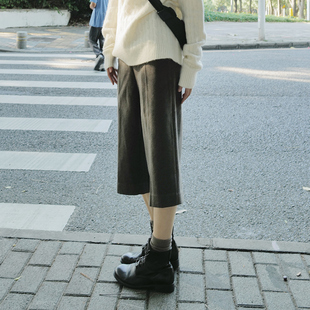 nw80en 秋冬季五分裤女士复古风纯色简约易搭针织呢直筒裤休闲裤