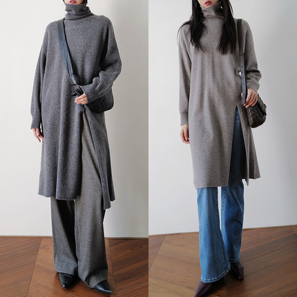 高领侧开衩毛衣裙