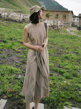 NW80EN 线迹的优雅棉质 假两件双层围裹气质通勤纯色无袖连衣裙女